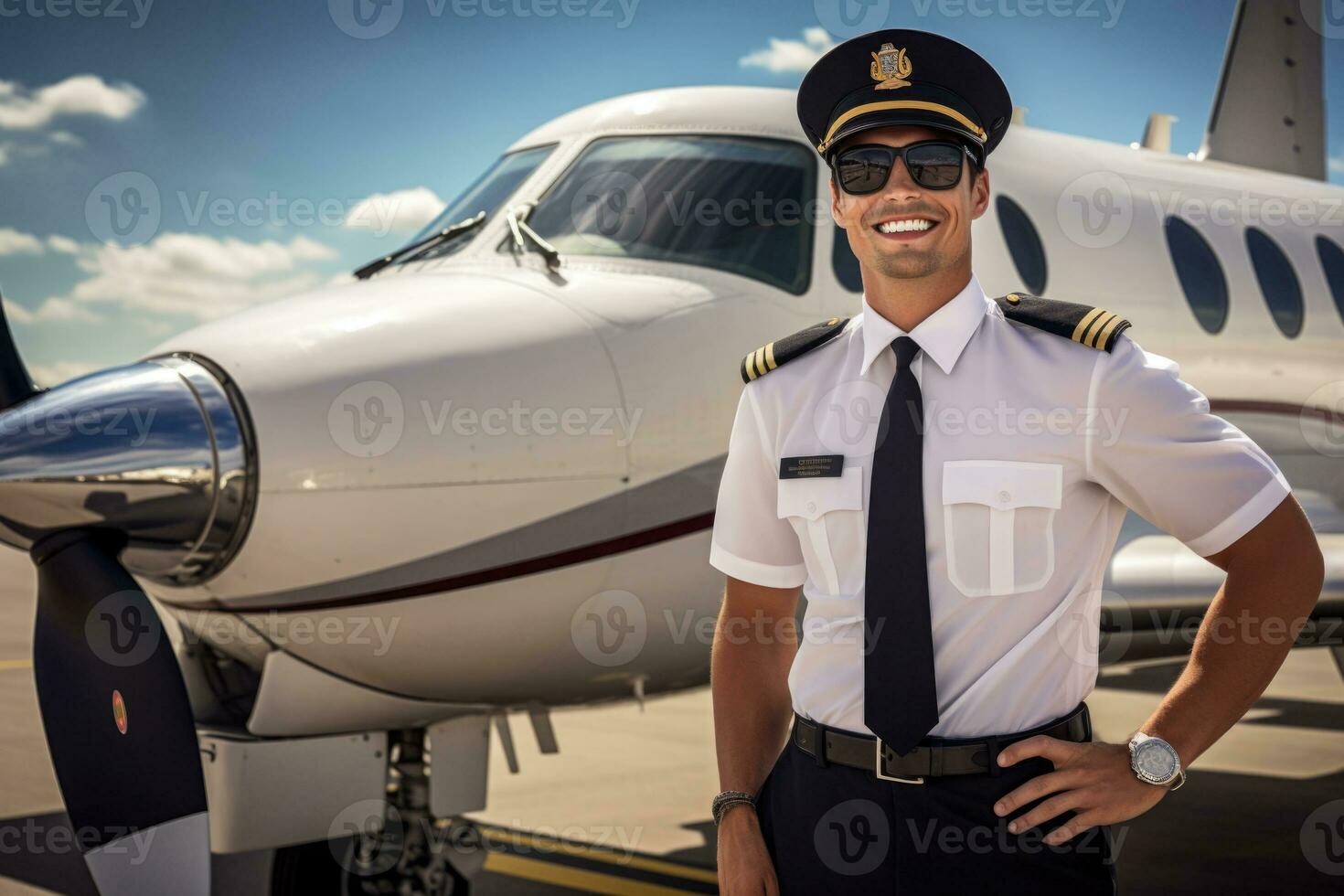 Male pilot standing near private jet in airport. Generative AI photo