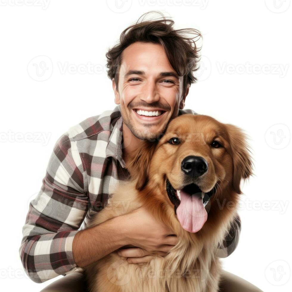 contento hombre abrazando su perro en blanco antecedentes. generativo ai foto