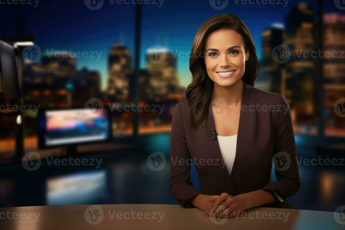 Female news anchor in TV studio on air. Generative AI photo
