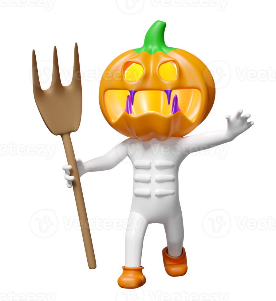 3d halloween holiday party with pumpkin head man hand holding fork isolated. 3d render illustration png