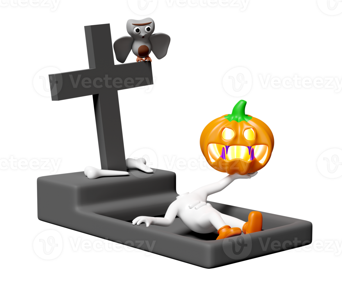 3d halloween holiday party with pumpkin head man hand holding pumpkin head sleeping in the cemetery, owl isolated. 3d render illustration png