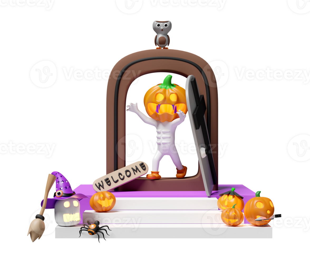 3d Halloween vacances fête avec citrouille tête homme, crâne, sorcière chapeau, araignée mis sur escaliers, vieux porte, étiquette accueillir, mignonne hibou isolé. 3d rendre illustration png