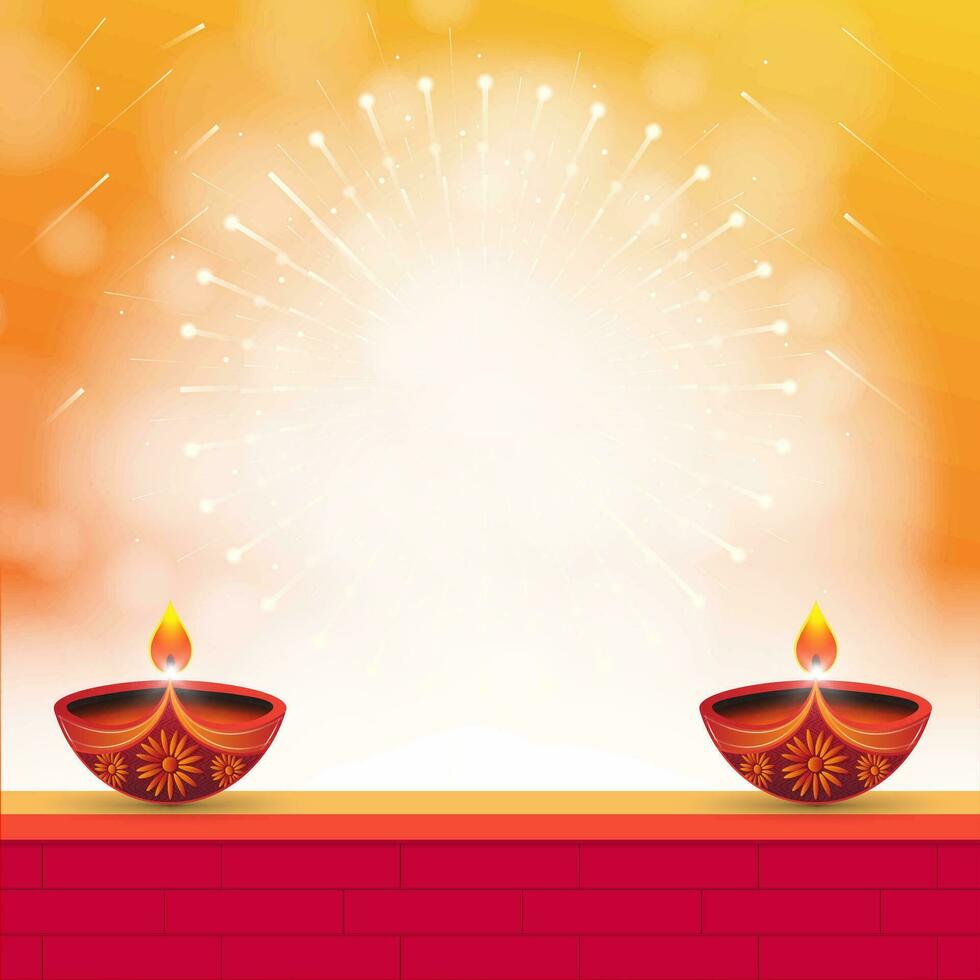 Happy Diwali Background. Two diyas on red brick wall and fire crackers bursting on yellow background during Diwali festival. vector