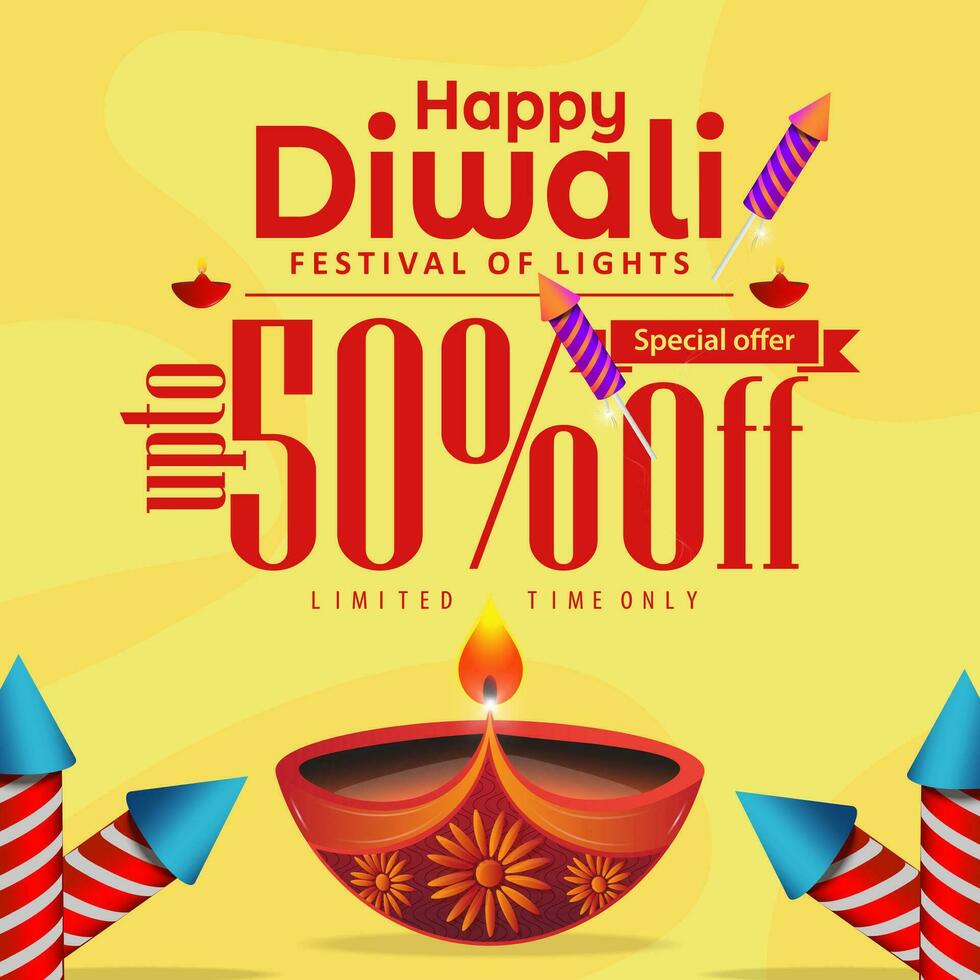 Diwali celebration promotional banner with diya oil lamps and fire crackers background. Vector illustration.