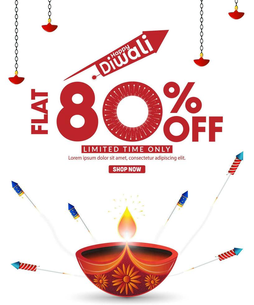 Happy Diwali Promotion Sale Banner Design Template. Diwali Diya oil lamp with firecrackers background on Diwali festival. Vector illustration