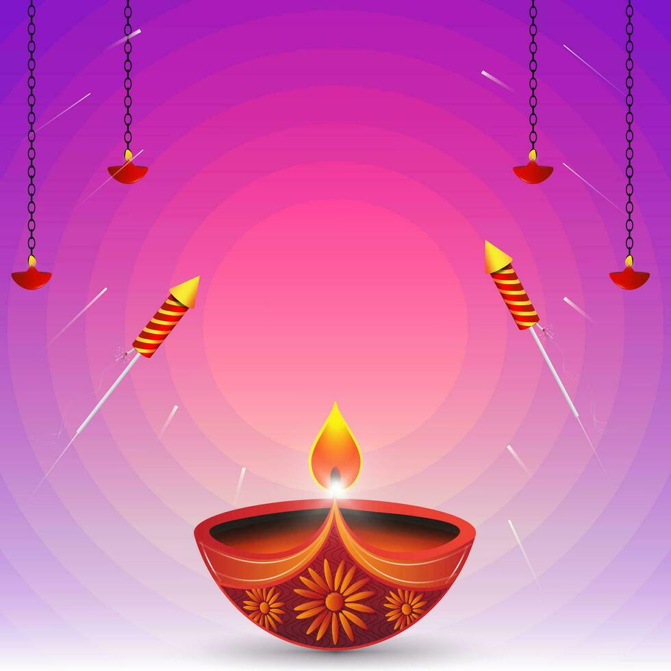 contento diwali saludo tarjeta antecedentes con diya lamparas y fuegos artificiales. vector ilustración