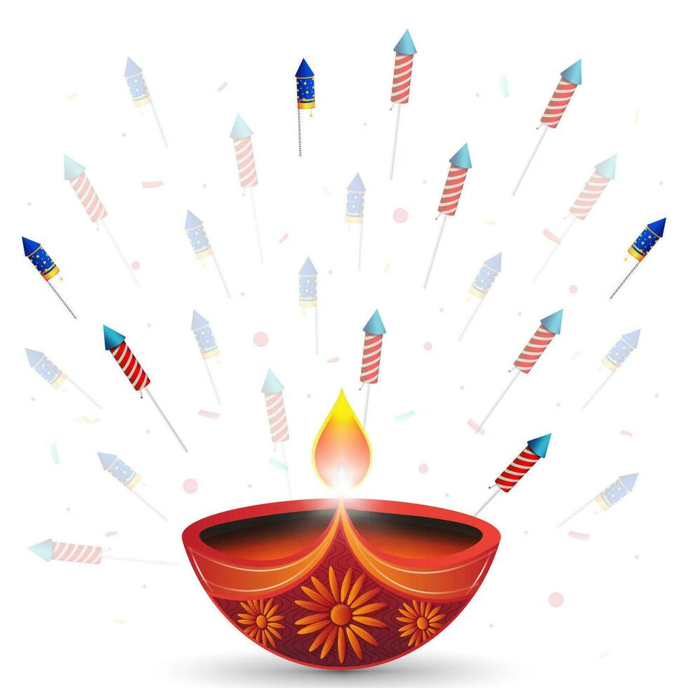 Indian festival Happy Diwali background, Diwali or Deepavali with burning diya and fireworks. vector
