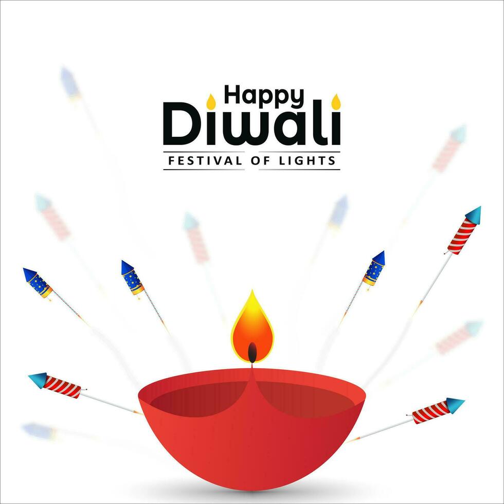 Indian festival Happy Diwali background, Diwali or Deepavali with burning diya and fireworks on white background. Vector illustration.