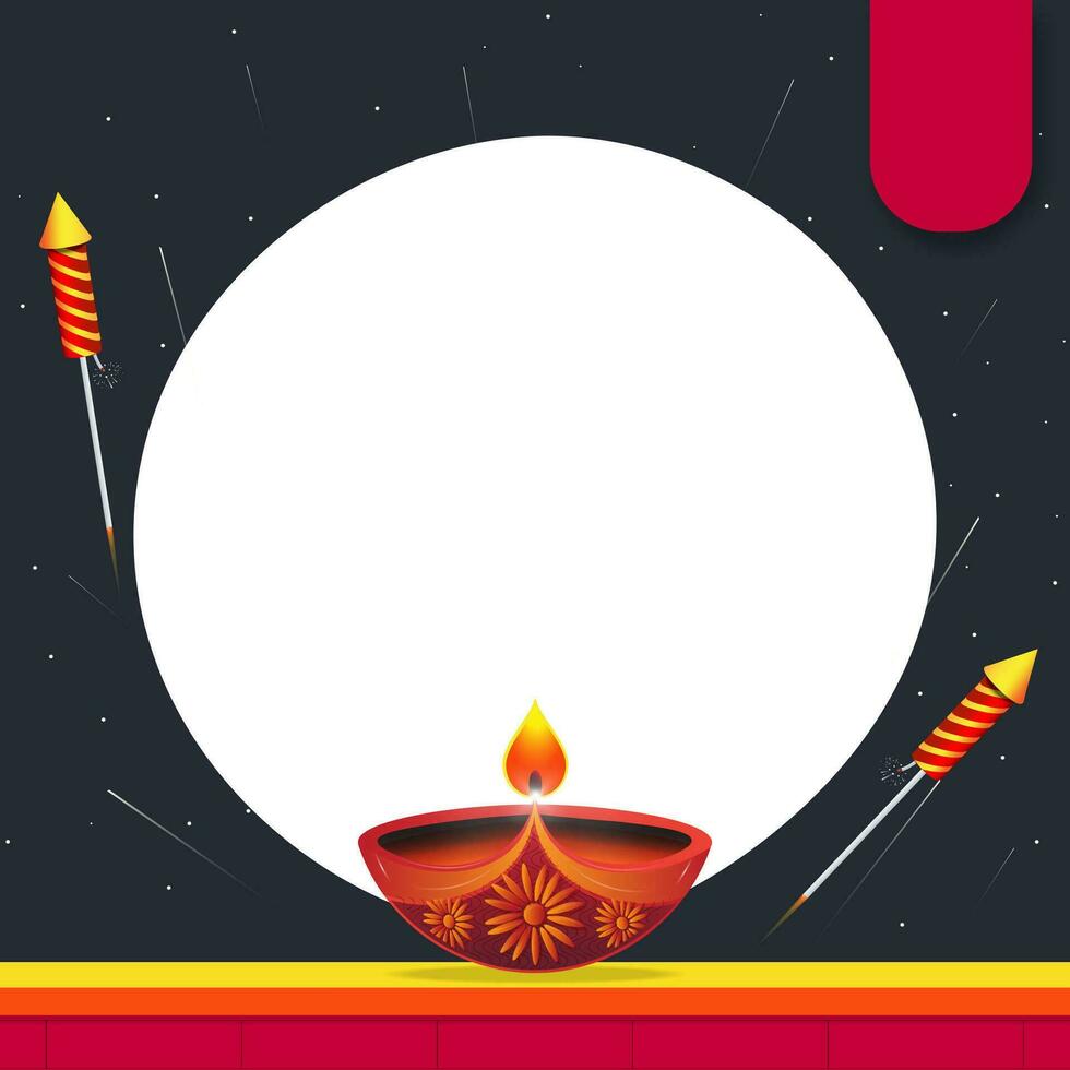Happy Diwali festival of lights greeting card design. Diwali oil lamp on wall and crackers background. Vector illustration