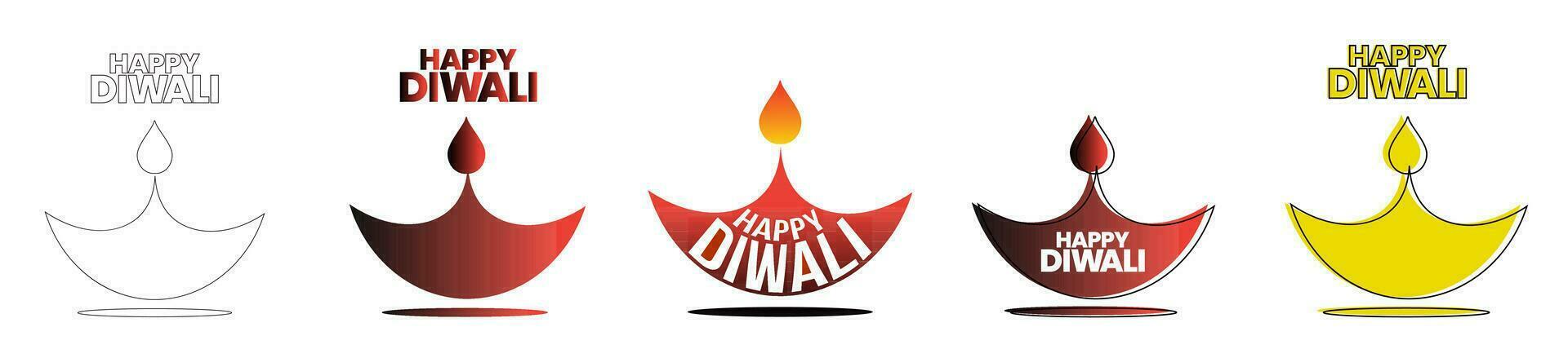 Set of Happy Diwali Text Design with oil lamp on white background. vector