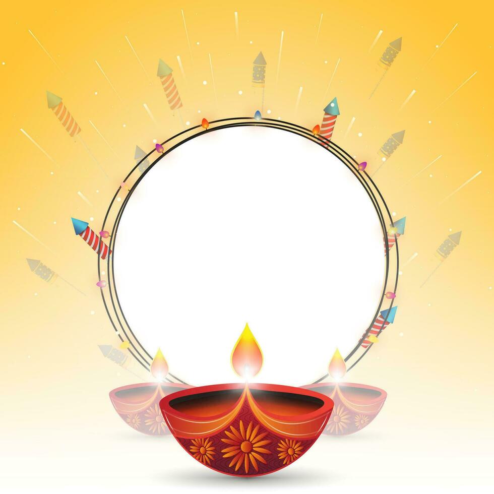 Happy Diwali festival with diya and crackers on yellow background with space for your text. Vector illustration.