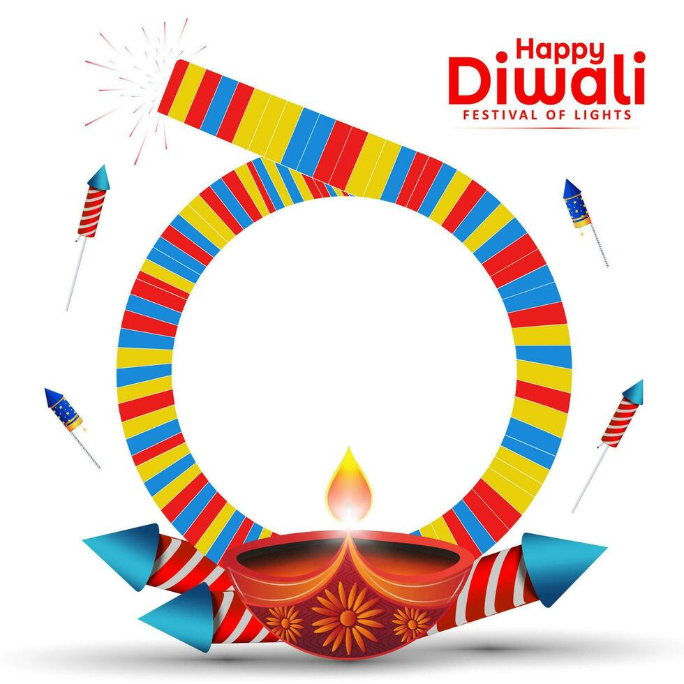 Happy Diwali festival background with diya and firecrackers. Vector illustration.