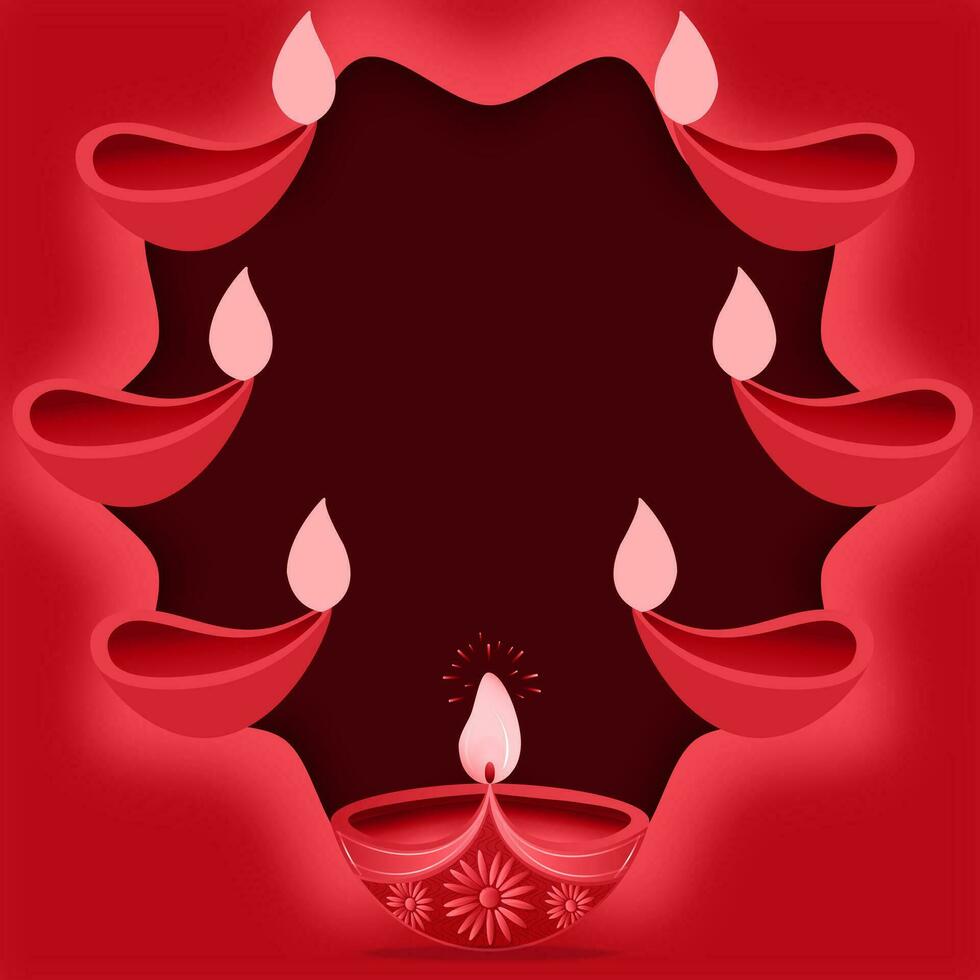 Happy Diwali Greeting Card. Beautiful Diwali Diya with space for text on red background. Vector Illustration.