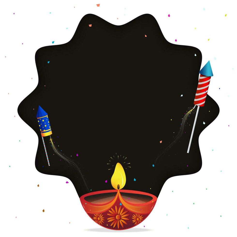 Diwali festival greeting card design with diya oil lamp with fireworks background. Vector illustration