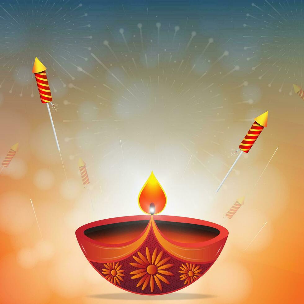 Diwali festival greeting card design with diya oil lamp with fireworks background. Vector illustration