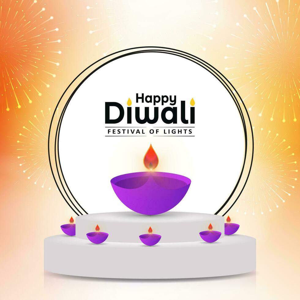 Happy Diwali oil lamp on podium with fireworks background. Vector illustration