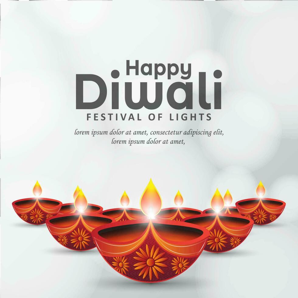 Happy Diwali festival of lights greeting card design. Beautiful Diwali diya oil lamps on white bokeh background. vector