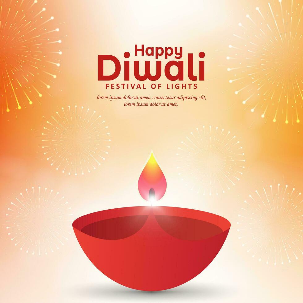 Happy Diwali festival greeting card design with diya oil lamp with fireworks background. Vector illustration
