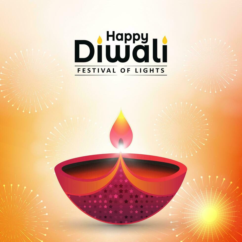 Happy Diwali festival greeting card design with diya oil lamp decorated with firecrackers on yellow background. Vector illustration