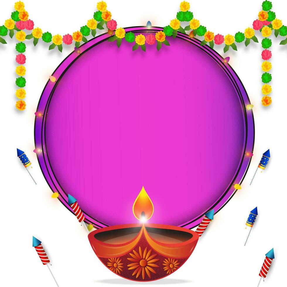 Happy Diwali festival background with Diwali lamp and fireworks and colorful flower garland decoration toran. Vector illustration.