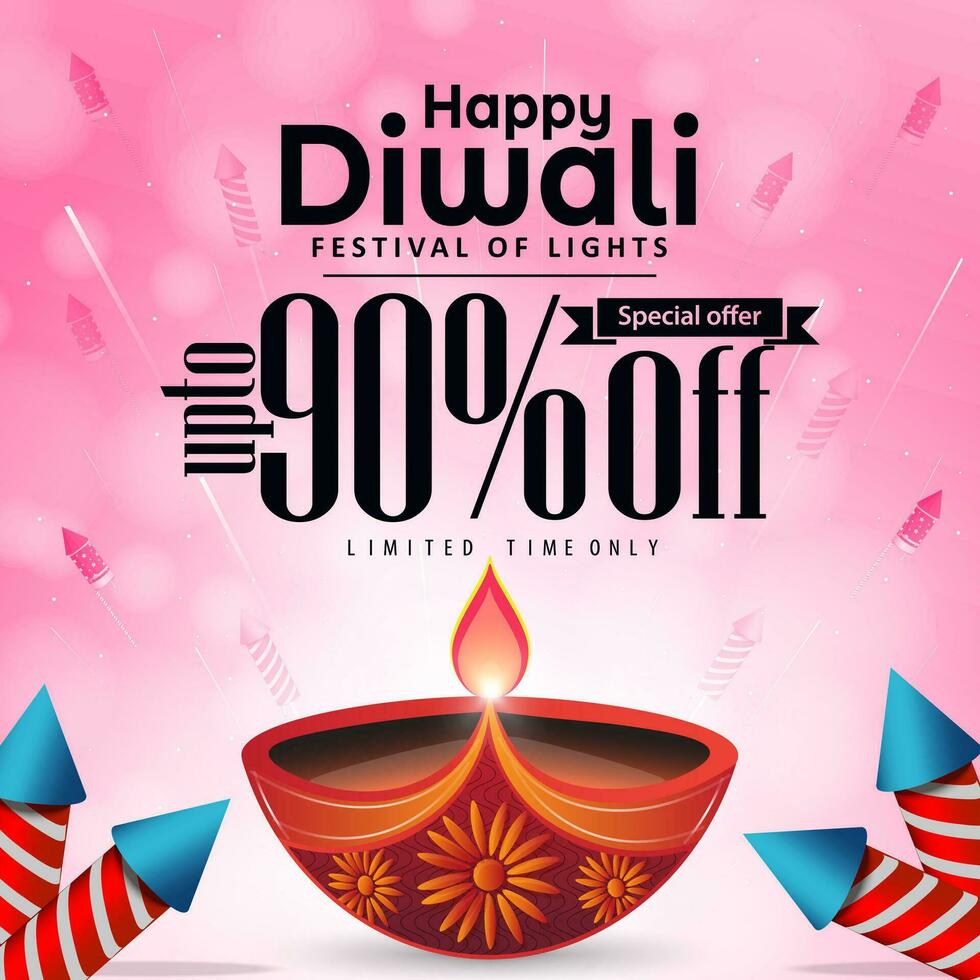 Diwali banner template design with diya and firecrackers background. Happy Diwali sale banner. vector