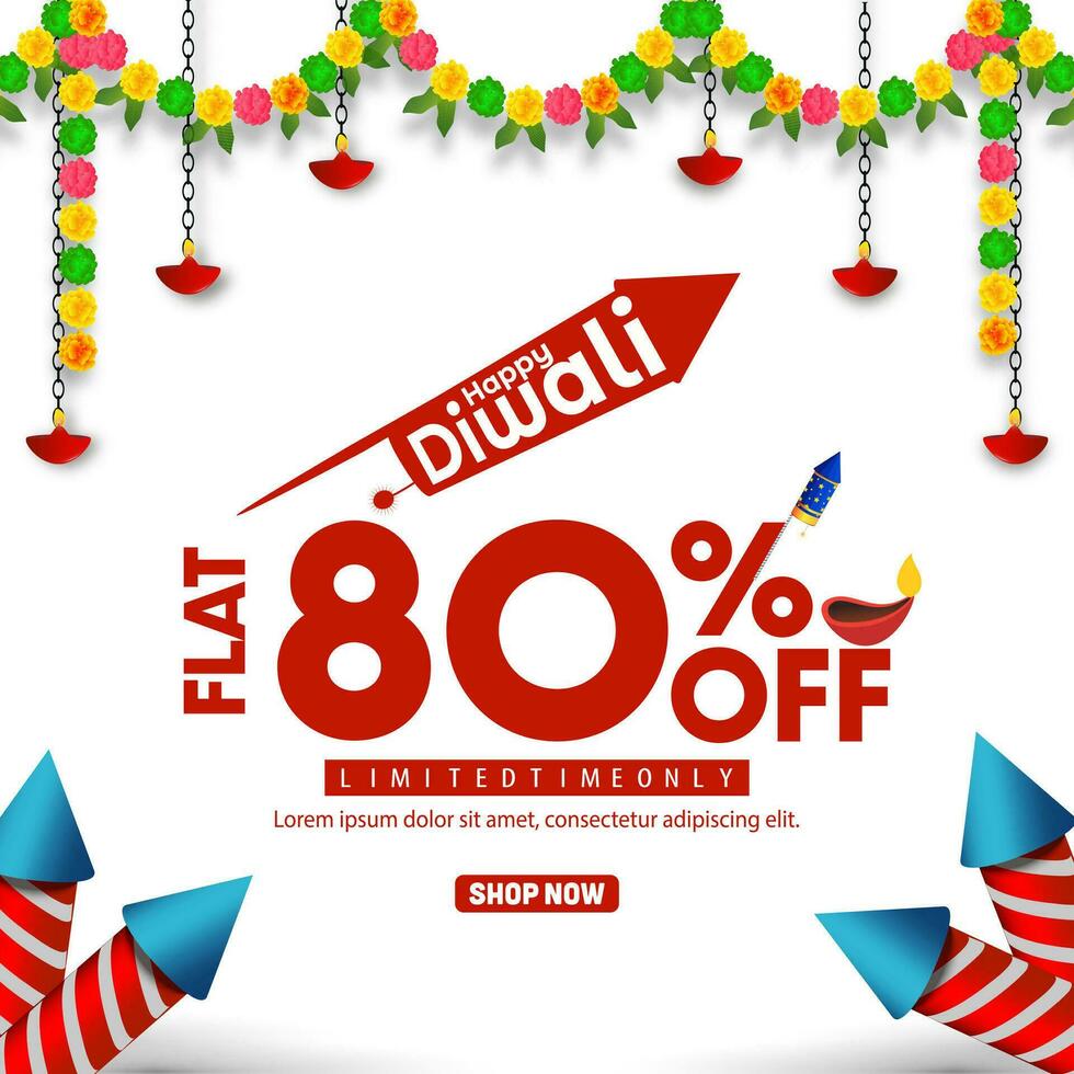 Diwali banner template design with colorful flowers and fireworks on white background. Happy Diwali sale banner template. vector