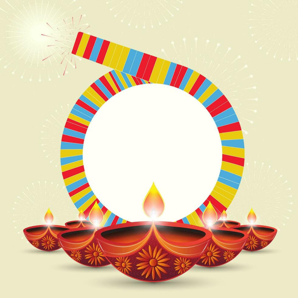 Happy Diwali festival firework background with diya and crackers. Vector illustration.