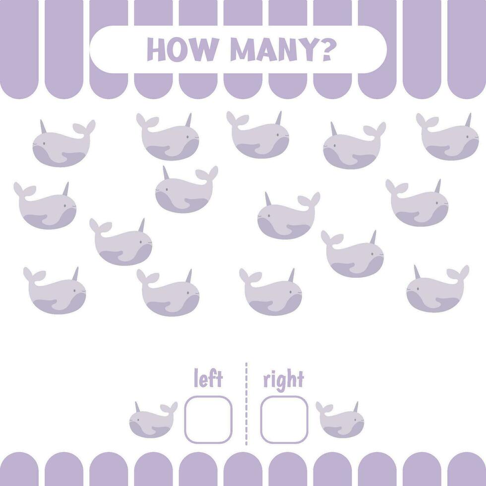 Educational worksheet for preschoolers to learn left and right. How many narwhals go to the left and to the right. Counting game for children. vector