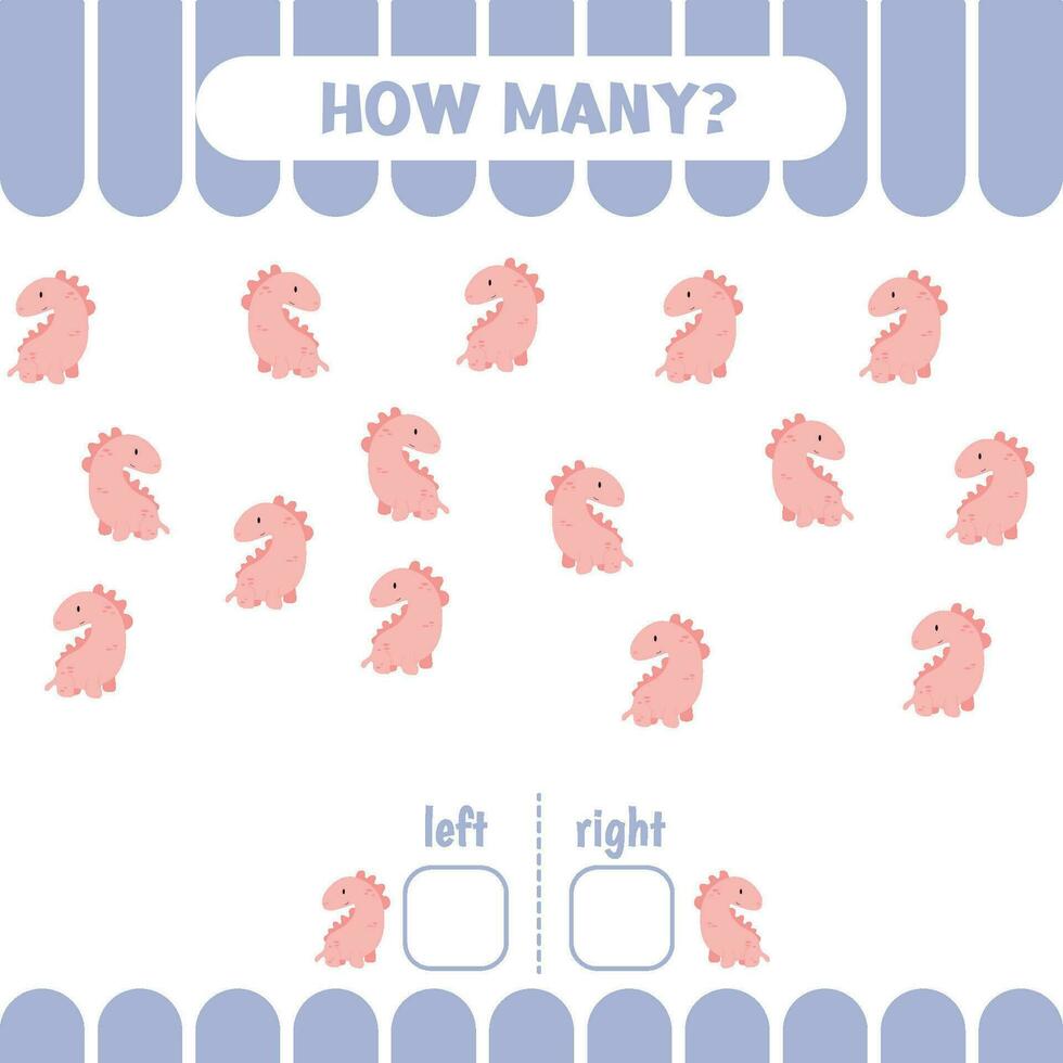 Educational page for kids to learn left and right. How many dinosaurs go to the left and to the right. Counting game for preschoolers. vector