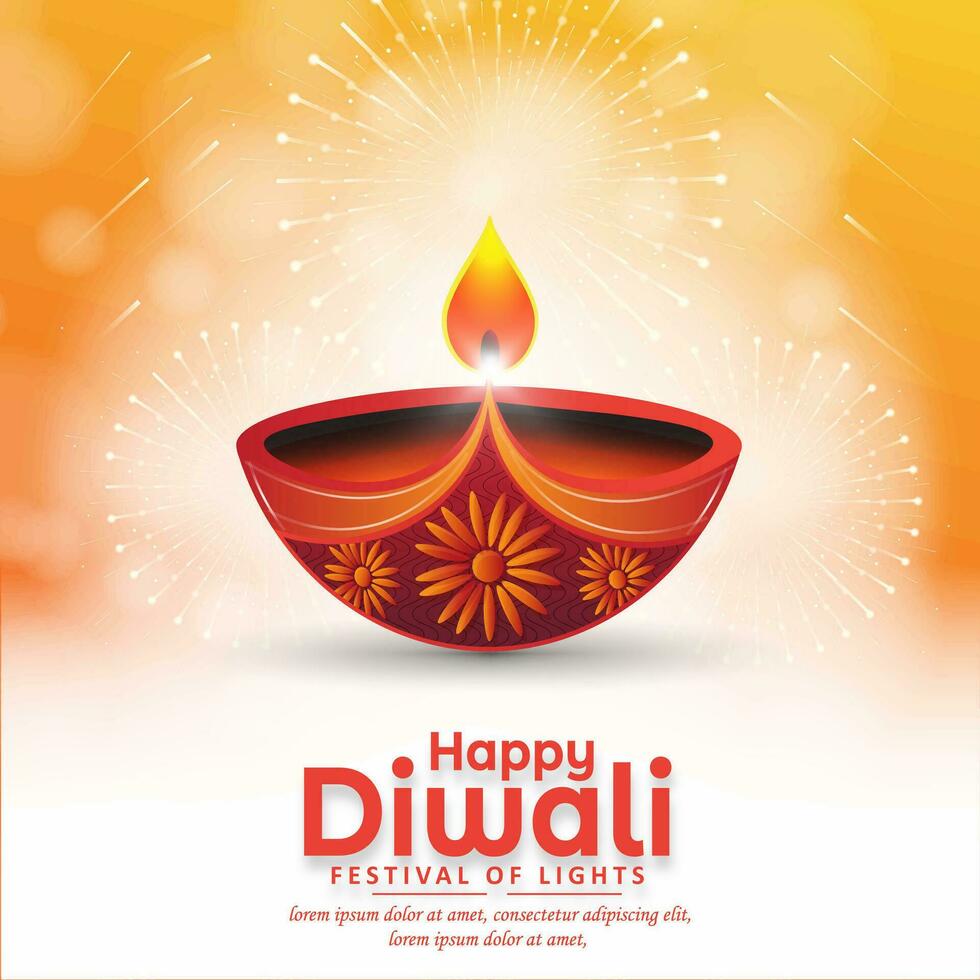 Happy Diwali festival greeting card design with diya oil lamp with fireworks on yellow background. vector