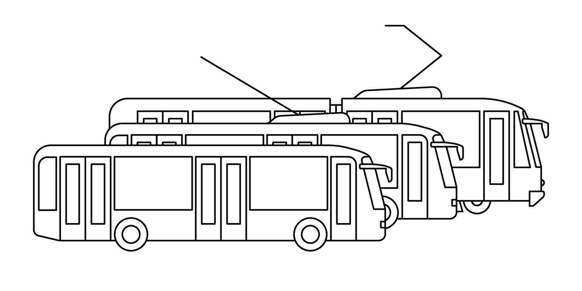 Bus, tram and trolleybus for moving around city, public transportation model coloring line icon. Passenger transport. Side view. Vector illustration