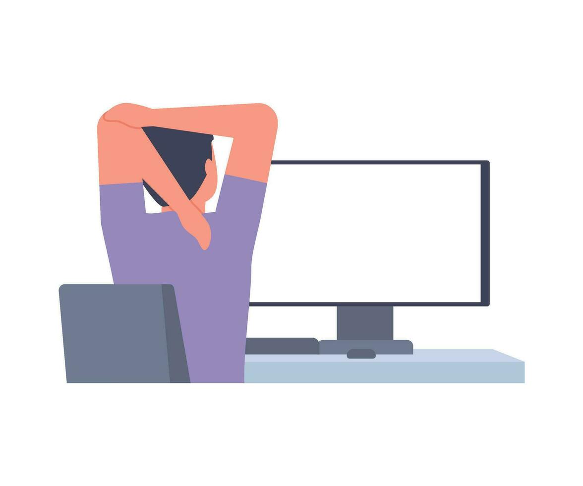 Man sits back at table computer and stretching, doing exercises. Male practicing workout at workplace in break. Removing tension and muscle soreness for rest and relaxation. Vector