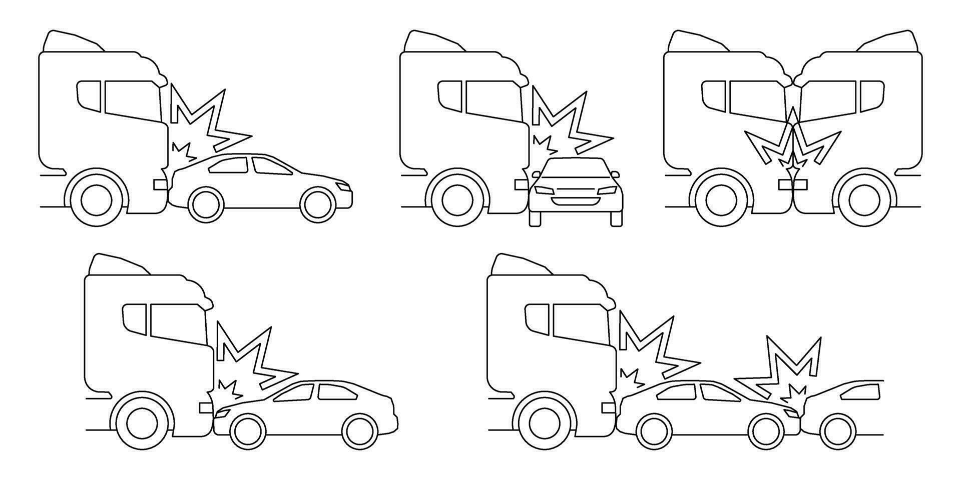 Car and truck crash, accident of transport, line art icon set. Side, frontal collision. Emergency brake on oncoming lane, dangerous overtaking. Broken vehicle. Vector outline illustration