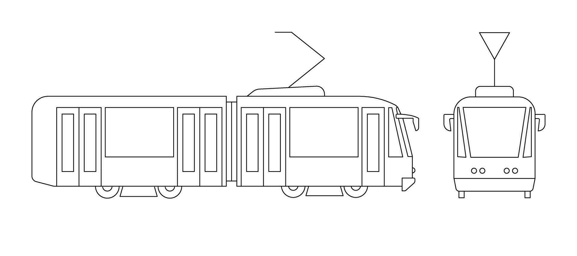 Tram for moving around city, public transport tramway model coloring line icon. Passenger transport. Side and front view. Vector illustration