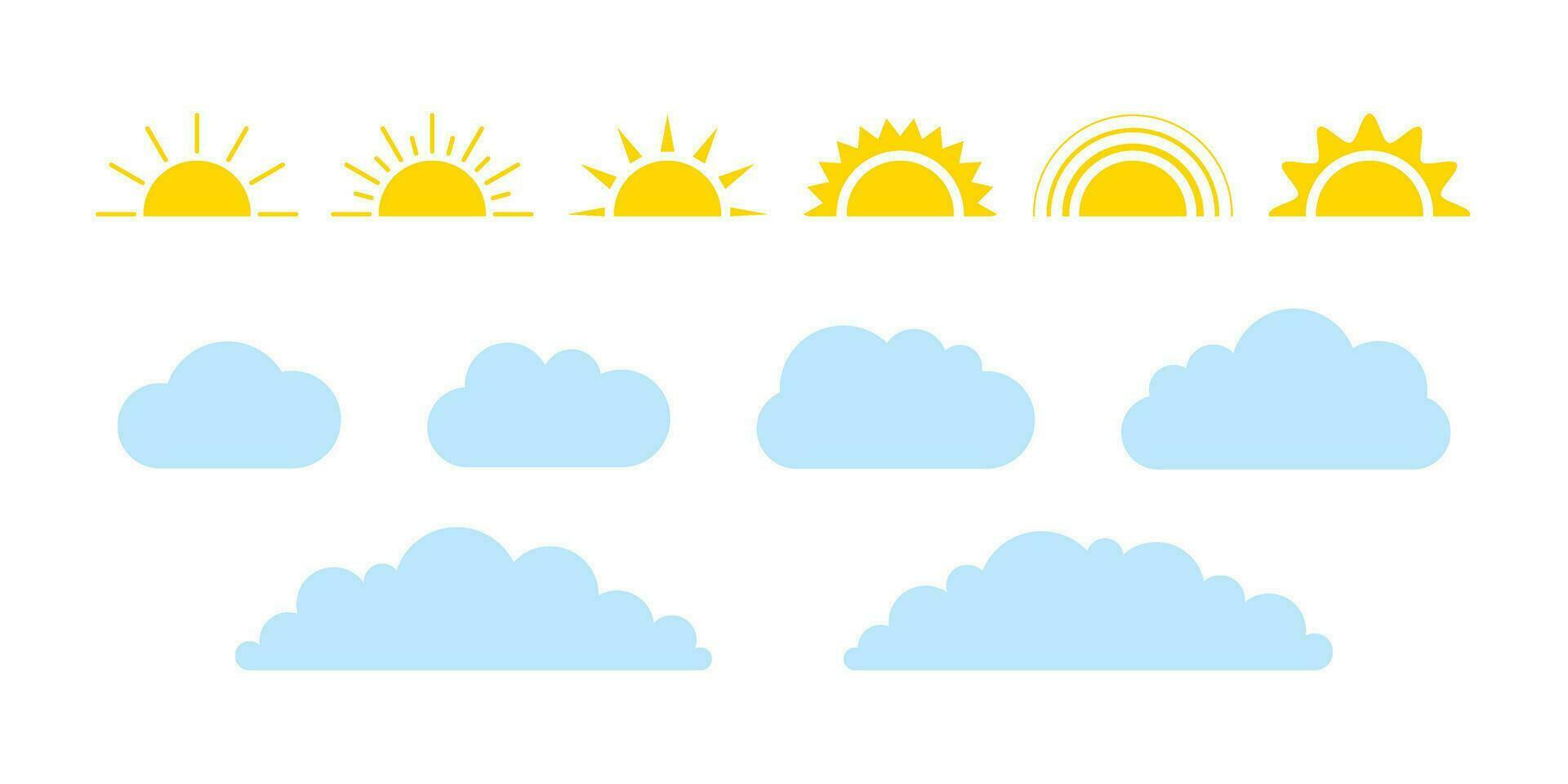 Sun and cloud on sky set, weather icon. Simple flat style of different half sun and clouds. Graphic element collection. Vector illustration