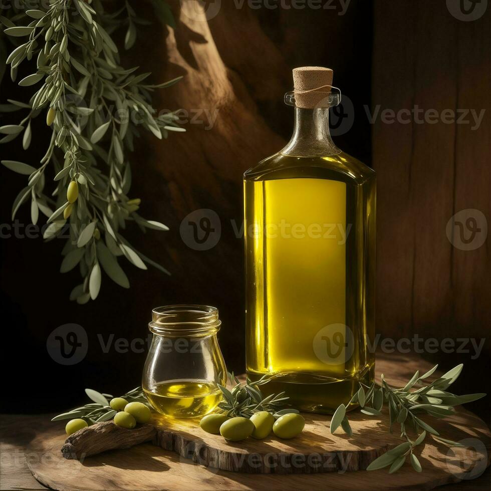 Photo olives and olive oil in bottle close-up with olive branch by ai generated