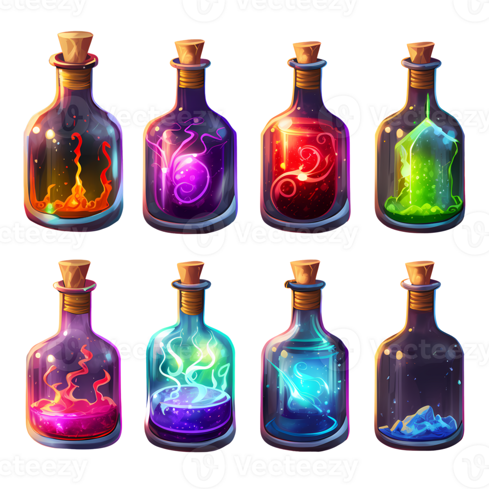Potion bottles with magic elixir cartoon for game UI png