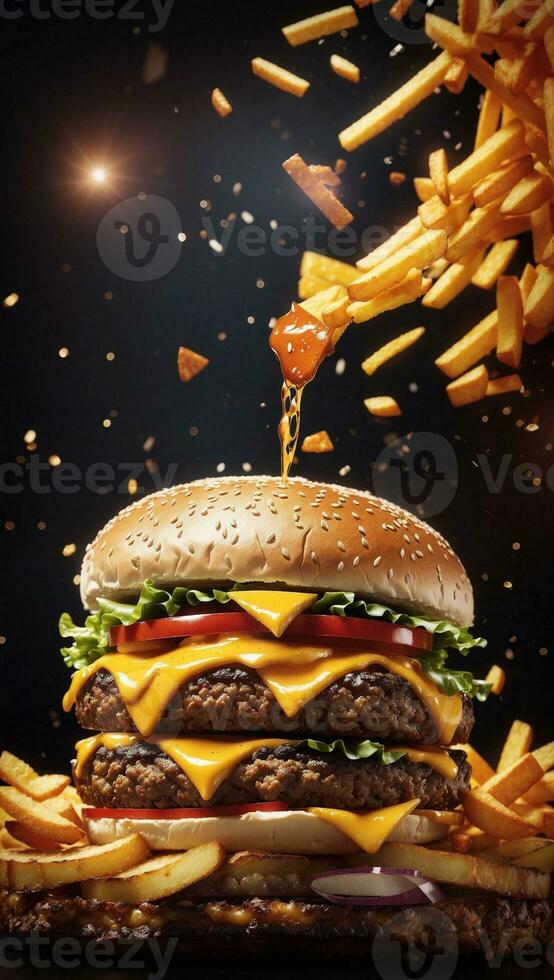 Hot and delicious burger with black background, AI generated photo