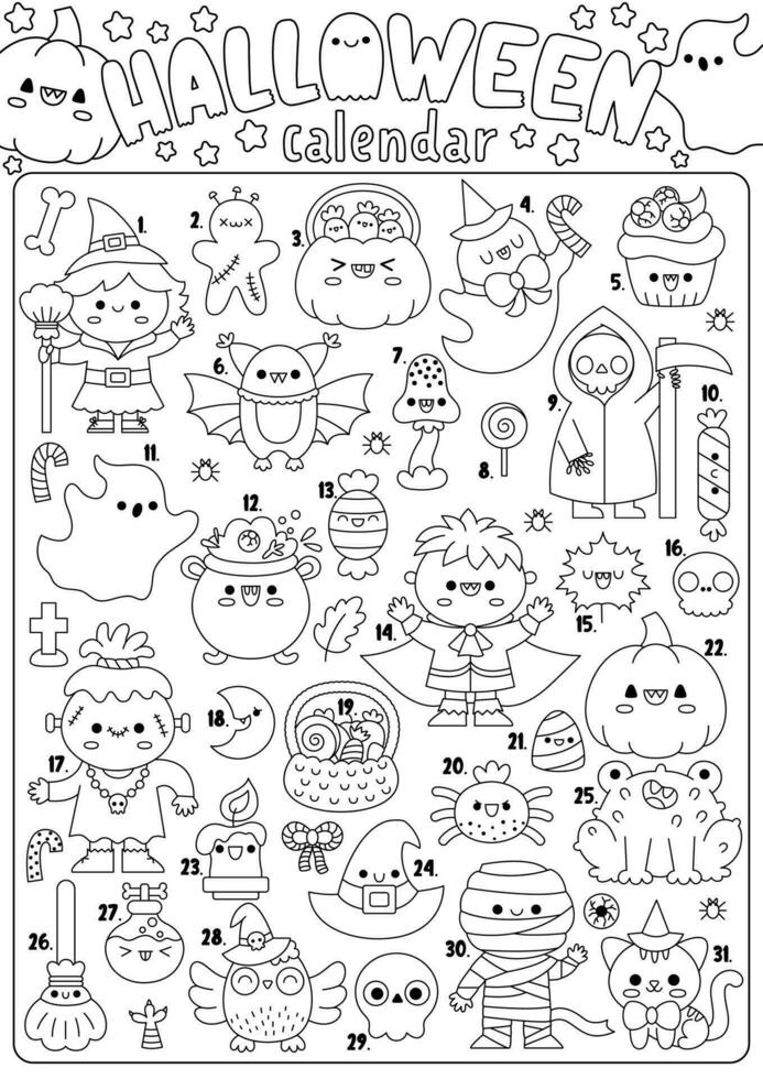 Vector black and white Halloween advent calendar with traditional holiday symbols. Cute autumn all saints day planner for kids. Scary trick or treat coloring poster with kawaii witch, pumpkin