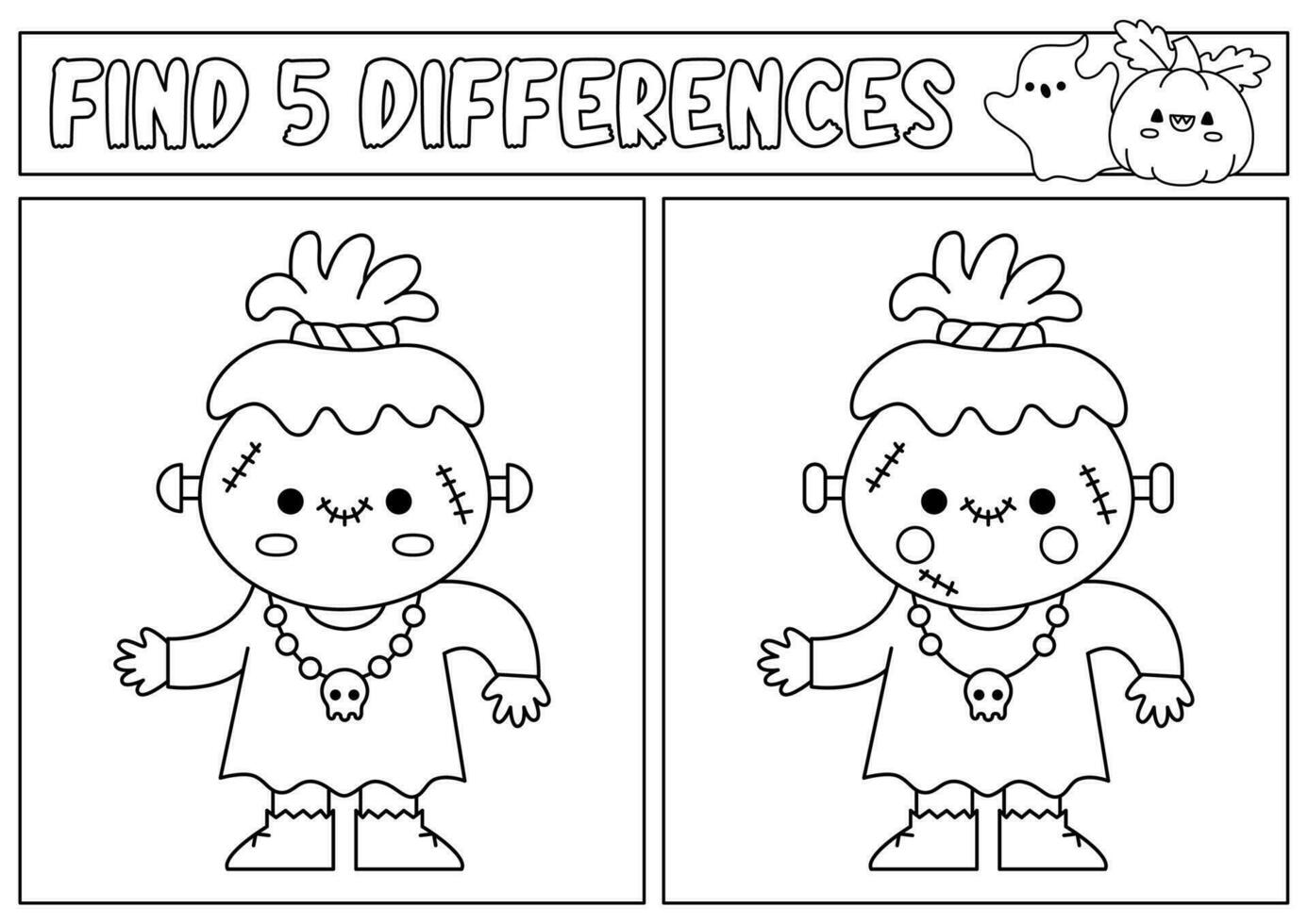 Halloween black and white find differences game for children. Attention skills line activity with cute voodoo or Frankenstein monster. Puzzle or coloring page. Printable what is different worksheet vector