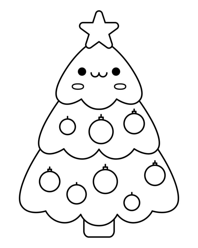 Vector black and white kawaii Christmas tree with star. Cute fir tree character illustration isolated on white background. New Year or winter smiling symbol. Funny line icon, coloring page