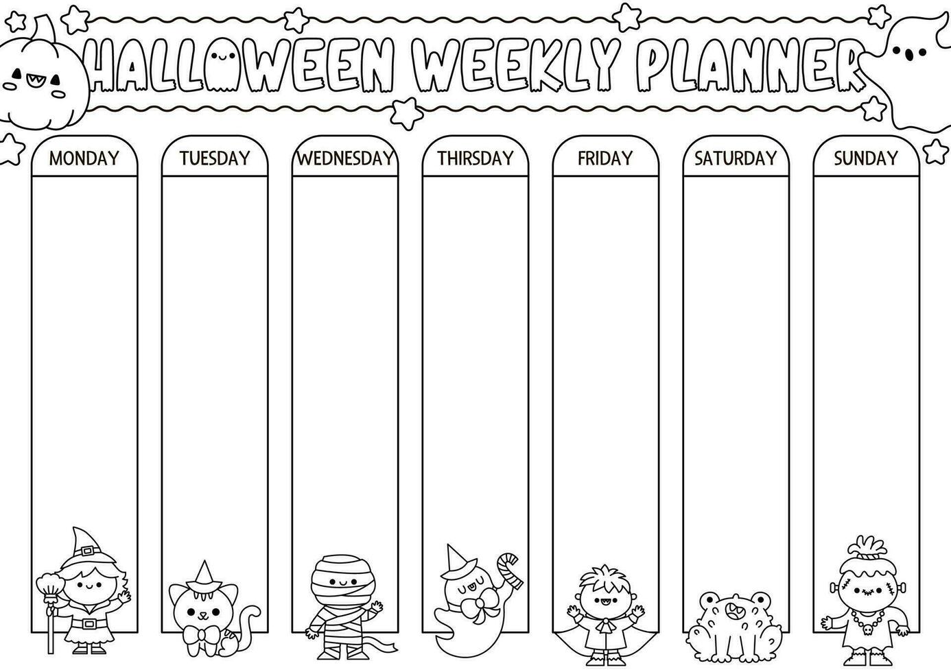 Vector black and white Halloween weekly planner with traditional holiday symbols. Cute autumn all saints day calendar or timetable for kids. Scary trick or treat coloring poster with kawaii witch