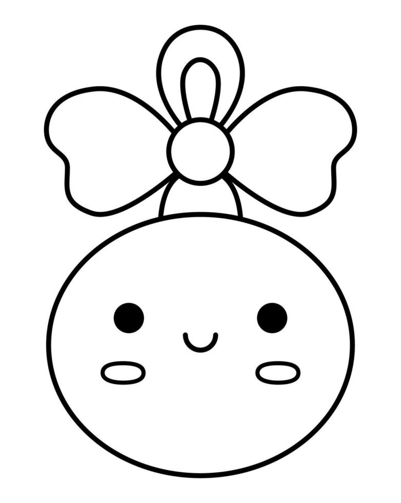 Vector black and white kawaii Christmas ball. Cute winter ornament character illustration isolated on white background. New Year or winter smiling tree decoration. Funny line icon, coloring page