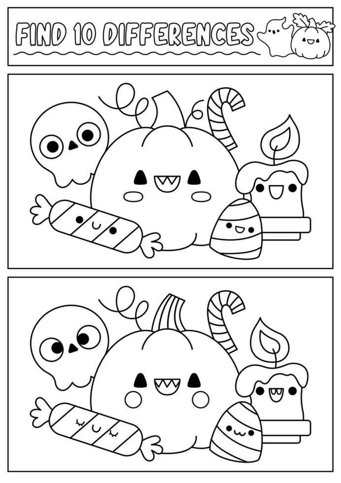 Halloween black and white find differences game for children. Attention skills line activity with cute pumpkin, sweets. Puzzle for kids or coloring page. Printable what is different worksheet vector