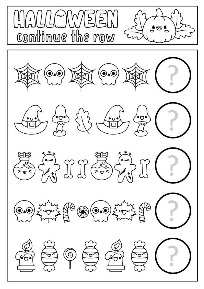 What comes next. Halloween black and white matching activity for preschool children with traditional holiday symbols. Funny kawaii puzzle. Autumn Samhain party logical coloring page vector