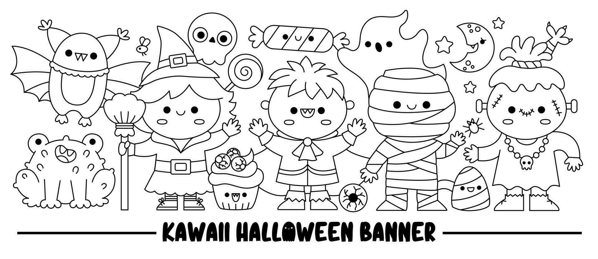 Halloween black and white horizontal banner with cute kawaii characters for kids. Vector line witch standing with vampire, mummy, bat, frog, ghost. Funny trick or treat coloring page