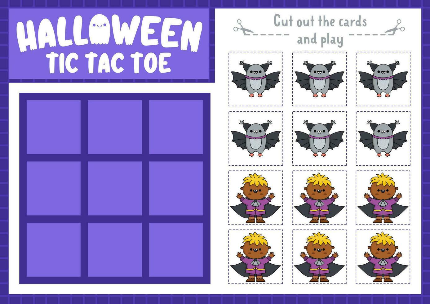 Vector Halloween tic tac toe chart with bat and vampire. Samhain party board game playing field with cute kawaii characters. Funny autumn holiday printable worksheet. Noughts and crosses grid