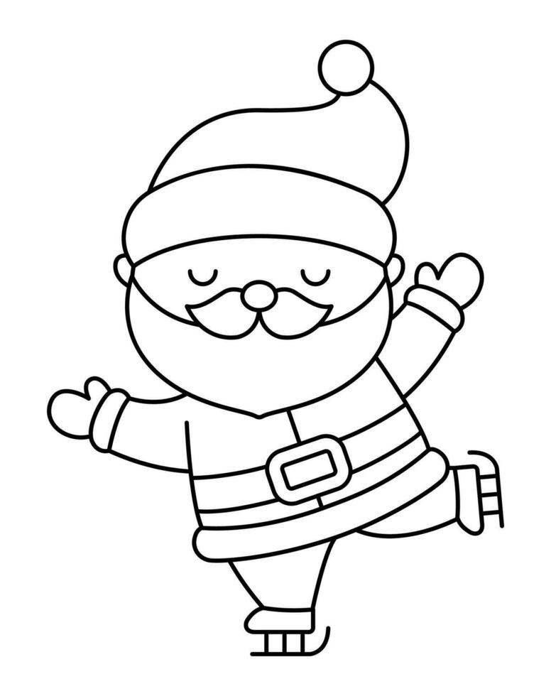 vector negro y blanco kawaii Papa Noel noel linda contento Patinaje padre escarcha ilustración aislado en blanco. Navidad, invierno o nuevo año personaje. gracioso línea icono o colorante página