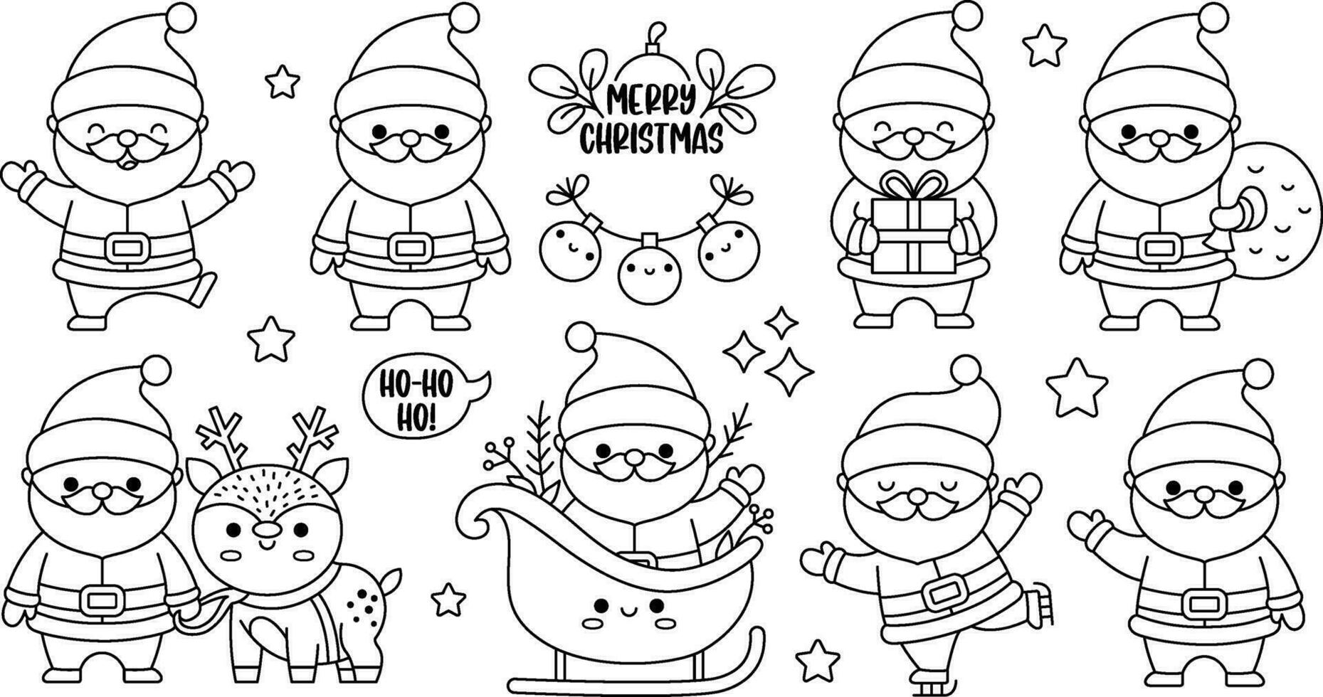 Vector black and white kawaii Santa Claus set. Cute Santas with present, sack, sleigh, skating. Father Frost illustration. Christmas, winter, New Year character. Funny line icon, coloring page pack