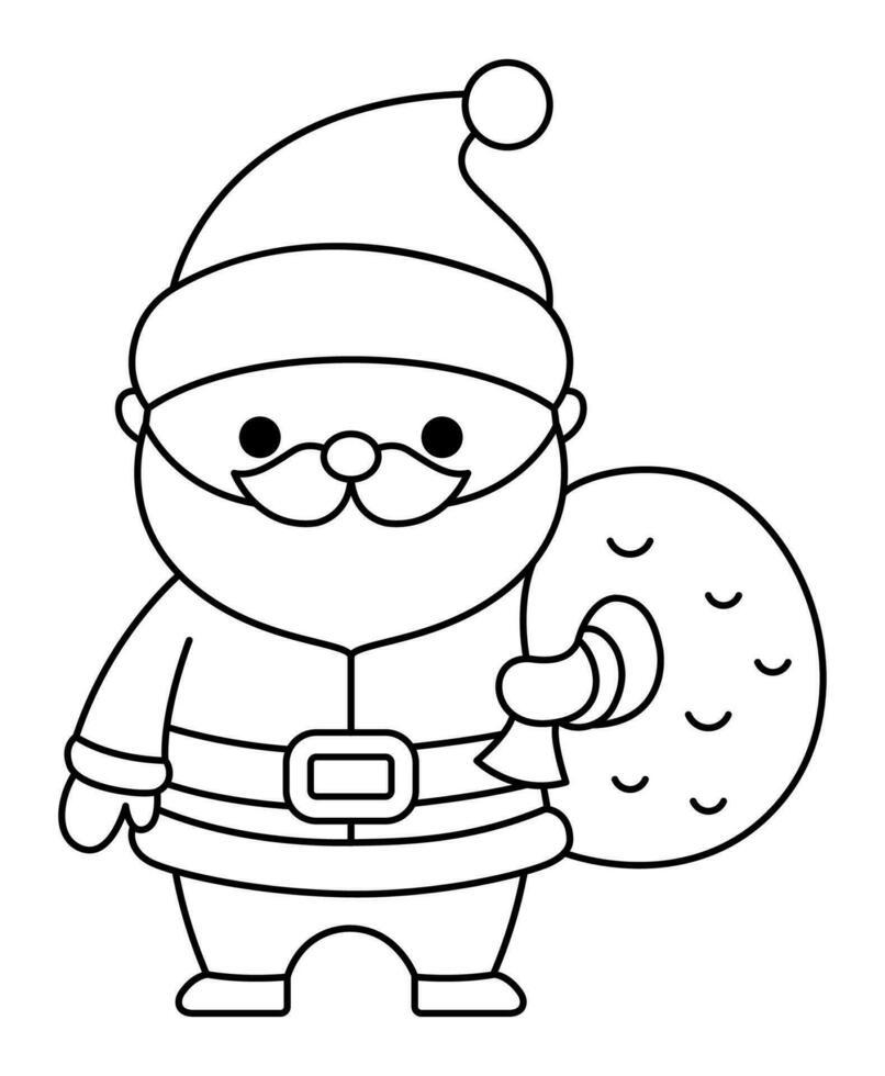 Vector black and white kawaii Santa Claus with sack. Cute Father Frost illustration isolated on white. Christmas, winter or New Year character with bag. Funny line icon or coloring page